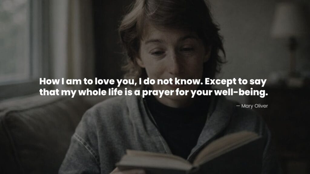 Mary reading a book indoors with a gentle expression and a quote about love