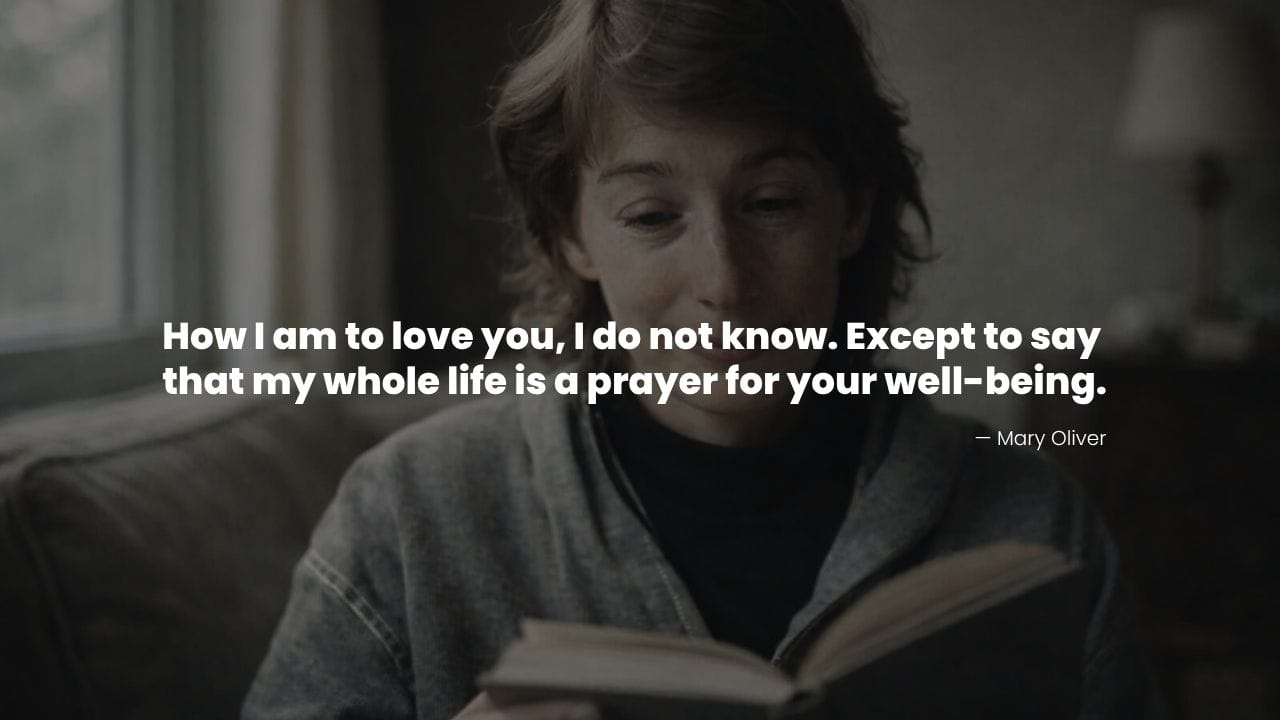 Mary reading a book indoors with a gentle expression and a quote about love