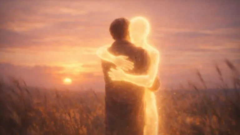 Person embracing a glowing version of themselves at sunset, symbolizing self-love