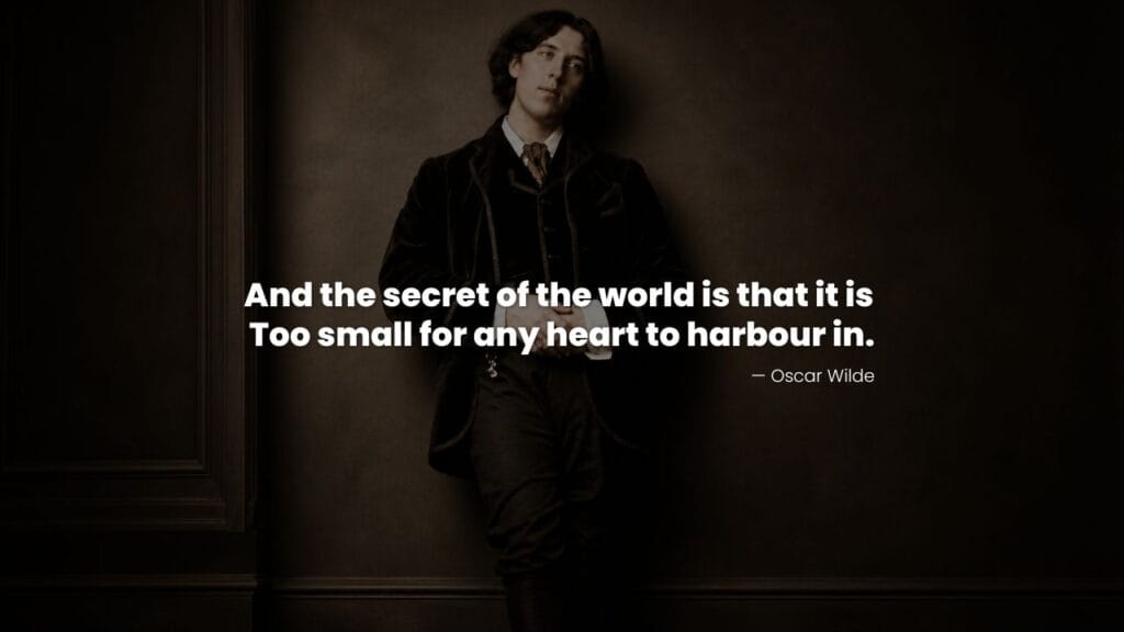 Oscar standing in Victorian attire with a Lines from His poem