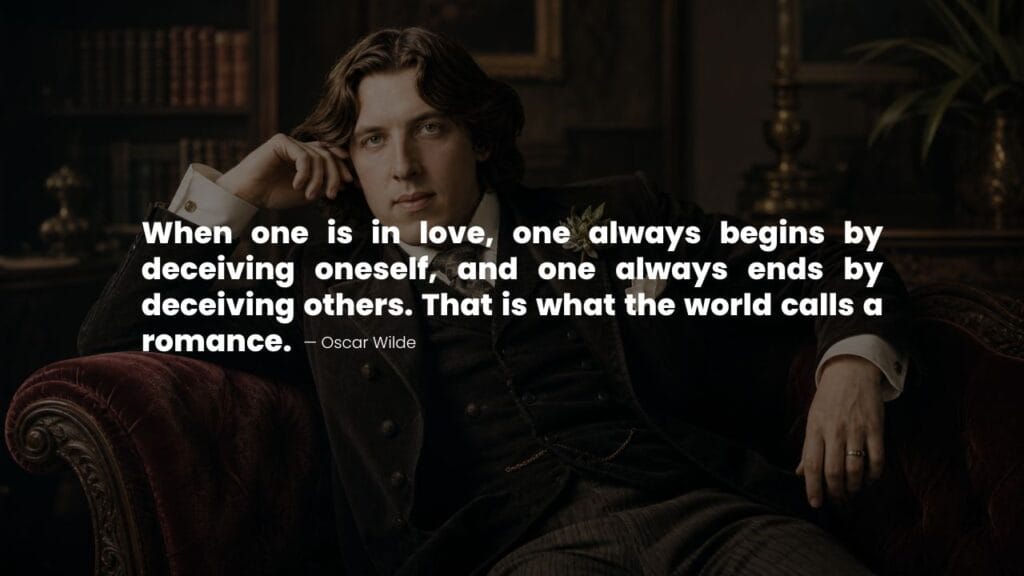 Oscar Wilde reclining on a sofa with a quote on love and romance