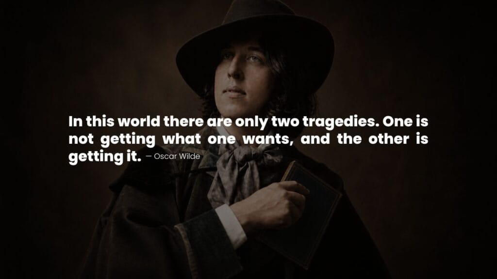 Wilde holding a book with a quote from his book